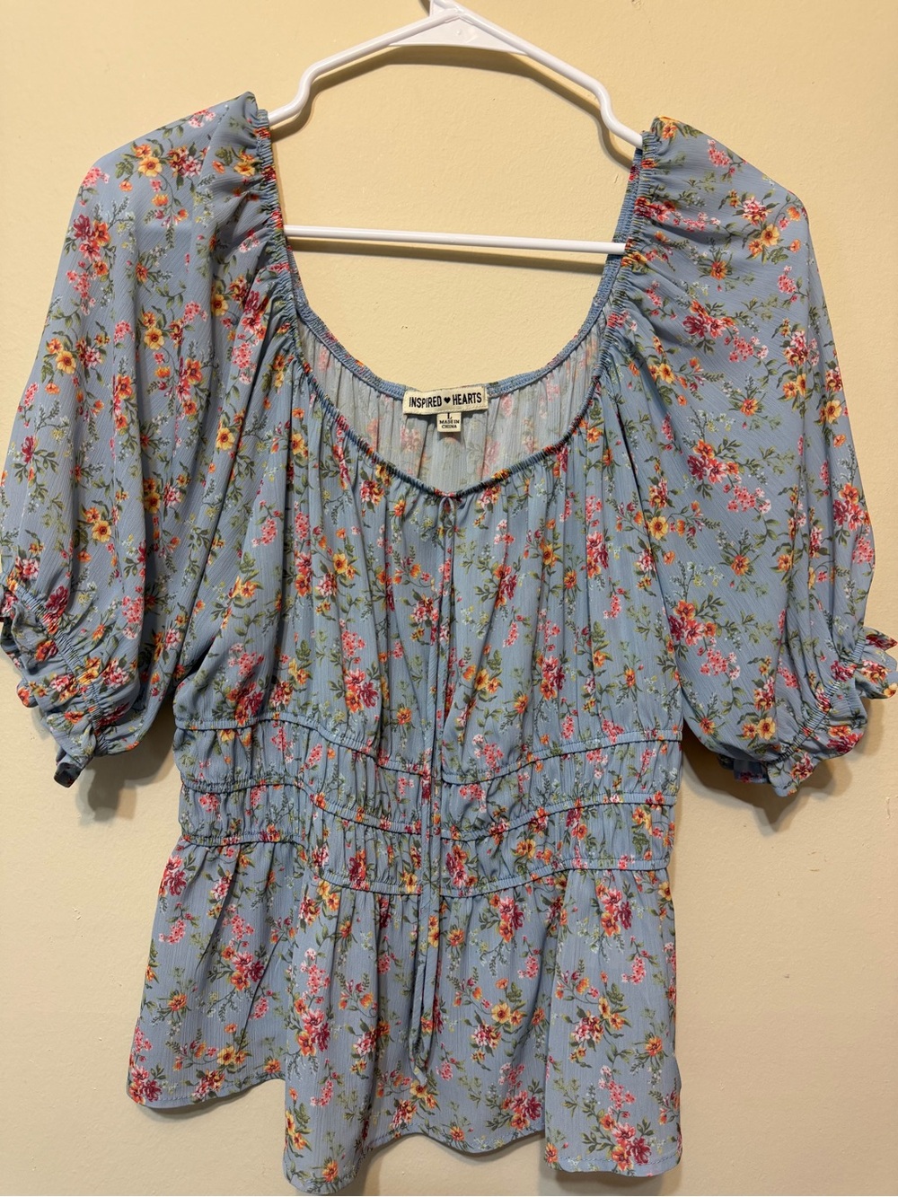Inspired Hearts Light Blue Floral Puff-Sleeve Smocked Peasant Top